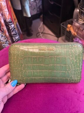 Miu Miu Green Croc-Embossed Zip Wallet